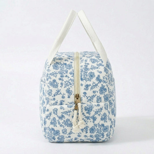 Floral Patchwork Zip Top Lunch Bag Small Travel Tote with Handle Lightweight Organizer