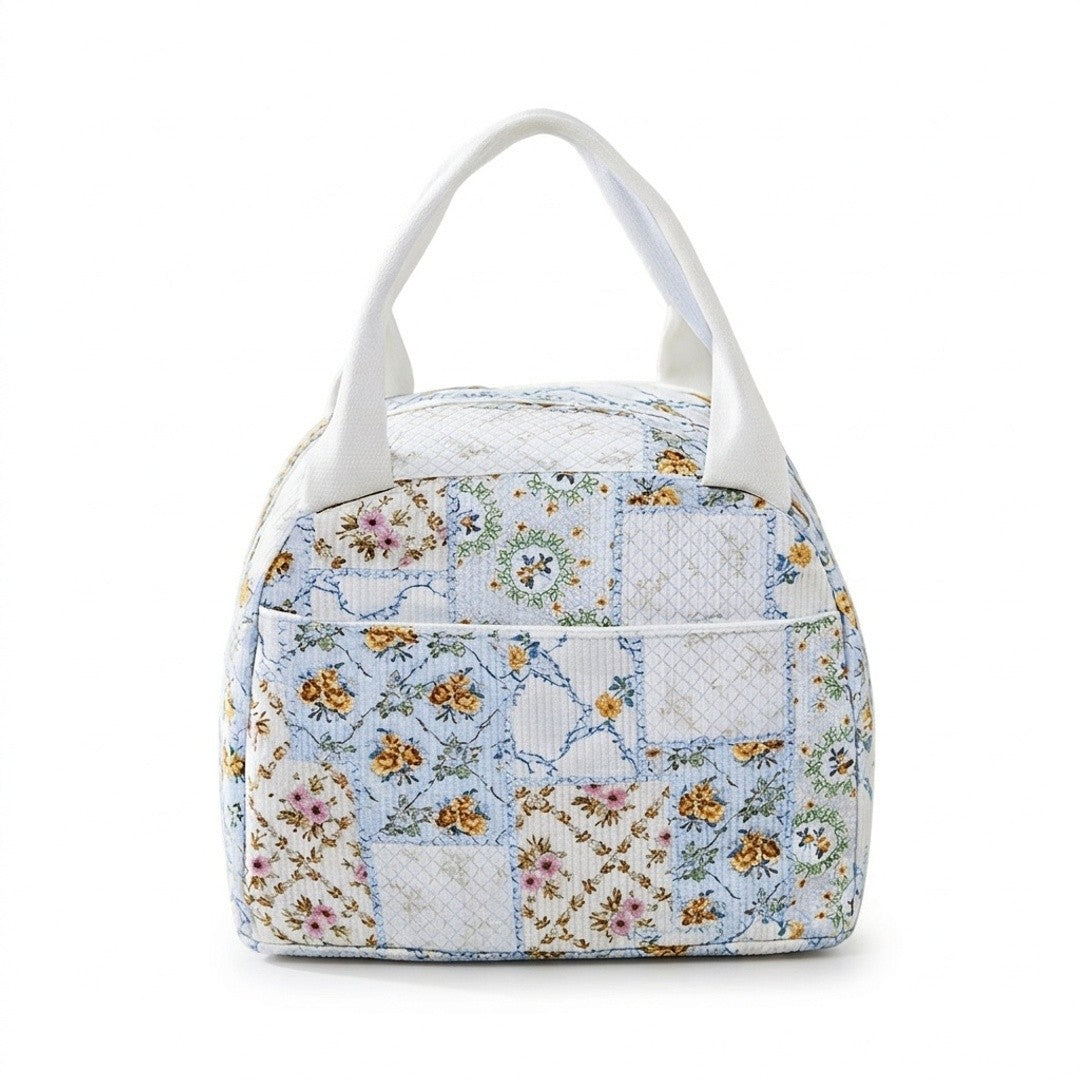 Floral Patchwork Zip Top Lunch Bag Small Travel Tote with Handle Lightweight Organizer
