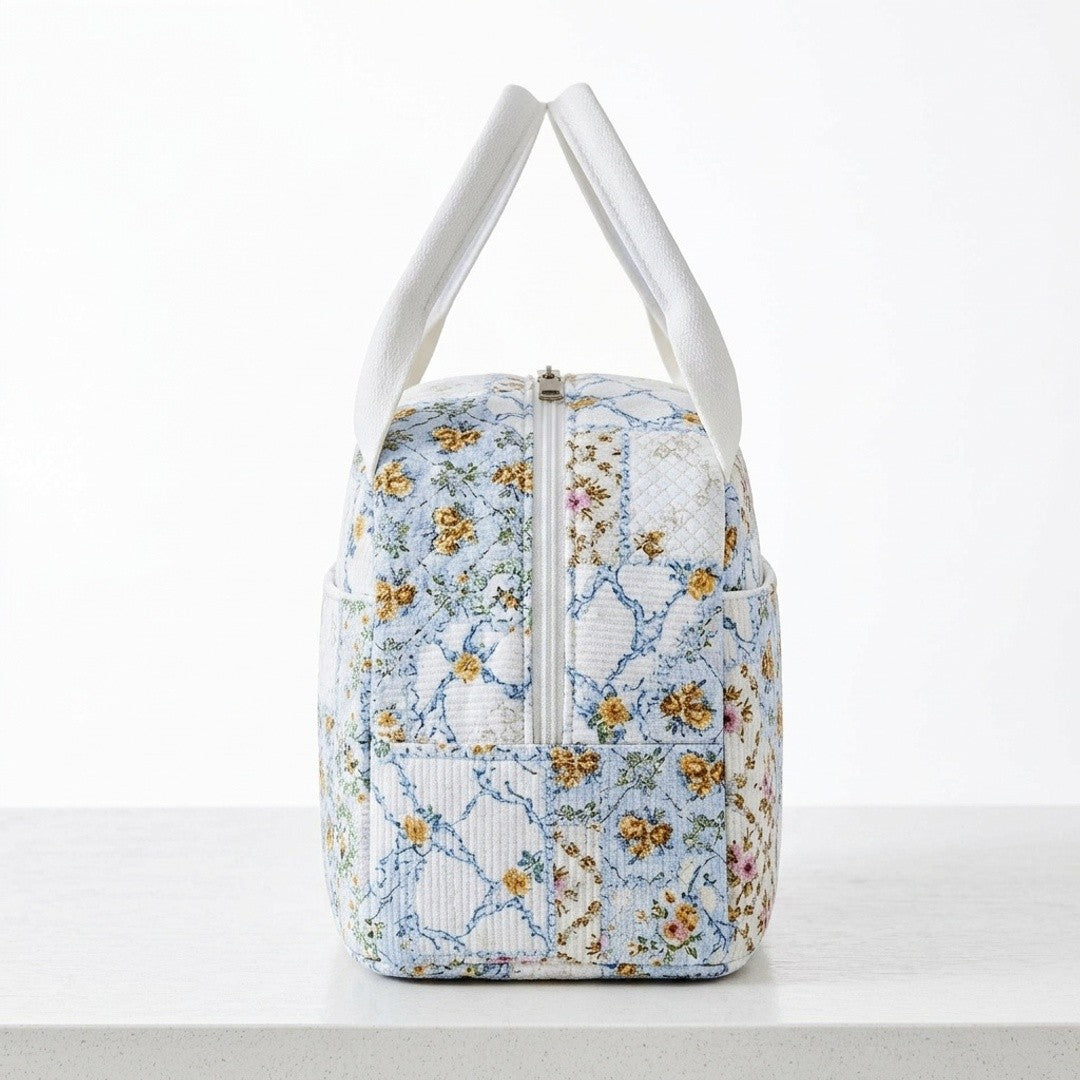 Floral Patchwork Zip Top Lunch Bag Small Travel Tote with Handle Lightweight Organizer