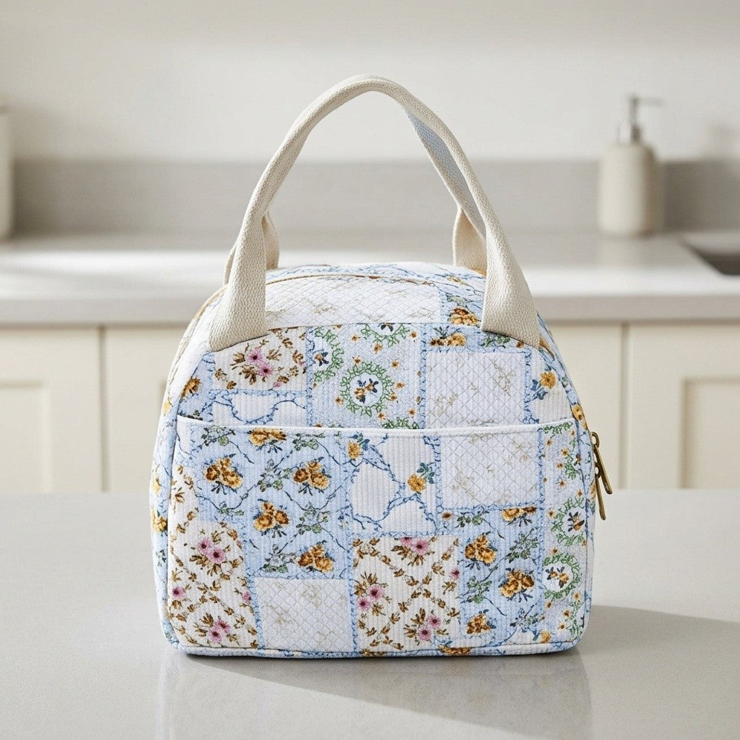 Floral Patchwork Zip Top Lunch Bag Small Travel Tote with Handle Lightweight Organizer