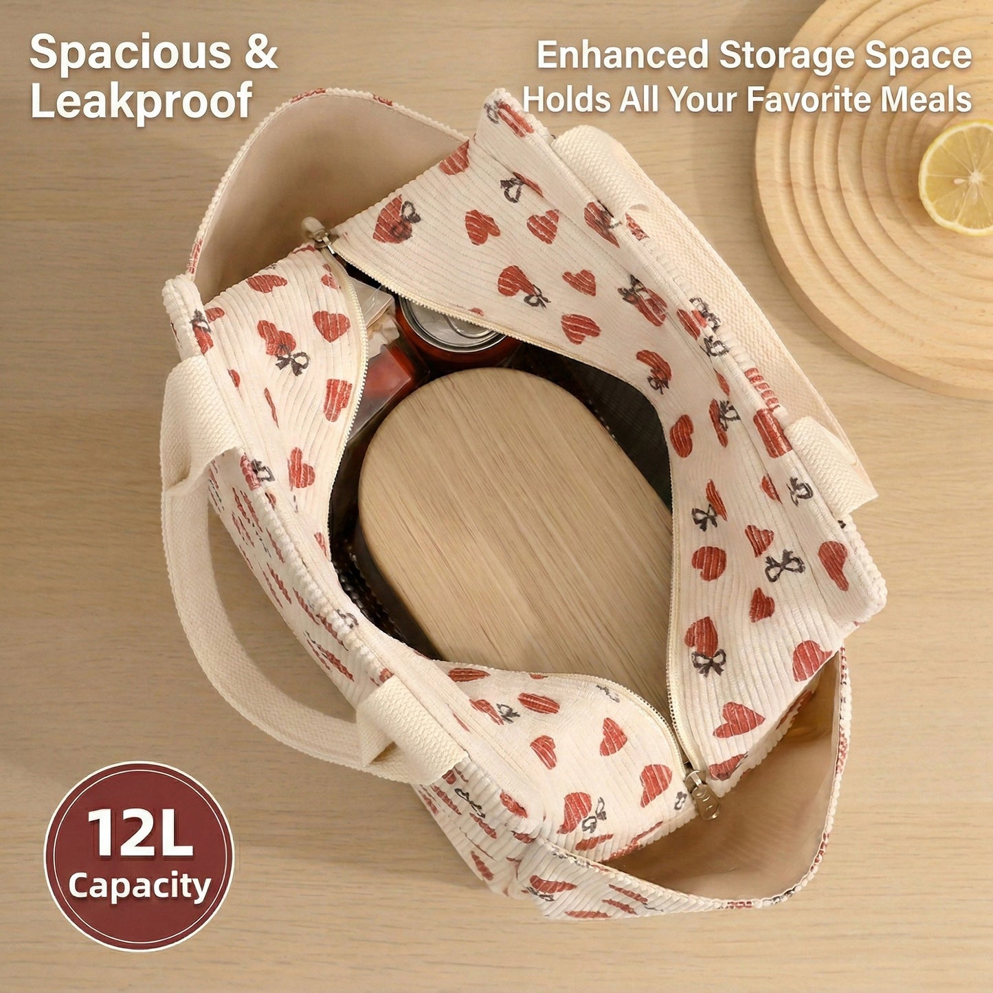 Insulated Lunch Bag with 12L Capacity Heart Print Reusable Thermal Food Tote with Zipper Closure