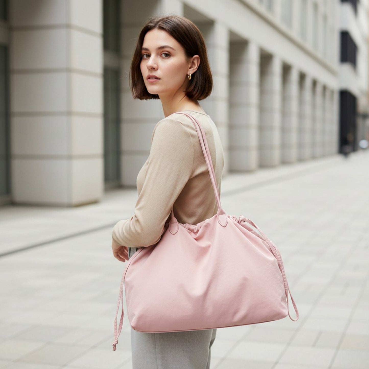 Nylon Drawstring Shoulder Tote Bag with Soft Slouchy Silhouette and Long Carry Straps