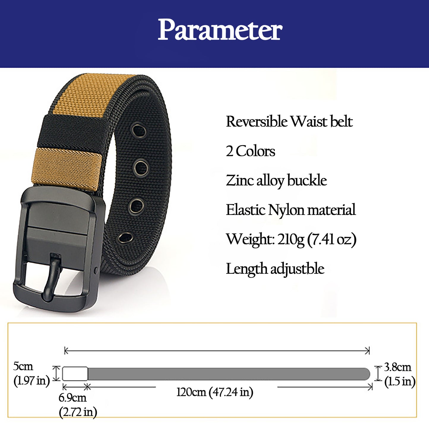 Reversible 2-Color Nylon Waist Belt with Zinc Alloy Buckle