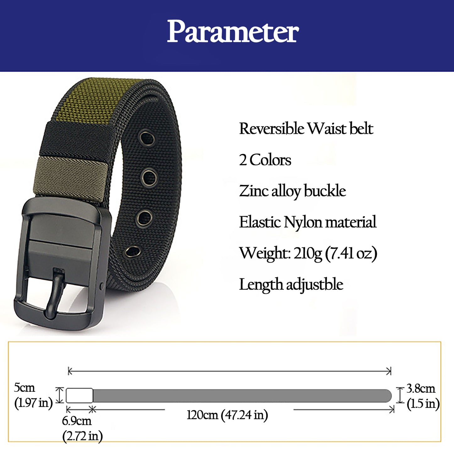 Reversible 2-Color Nylon Waist Belt with Zinc Alloy Buckle