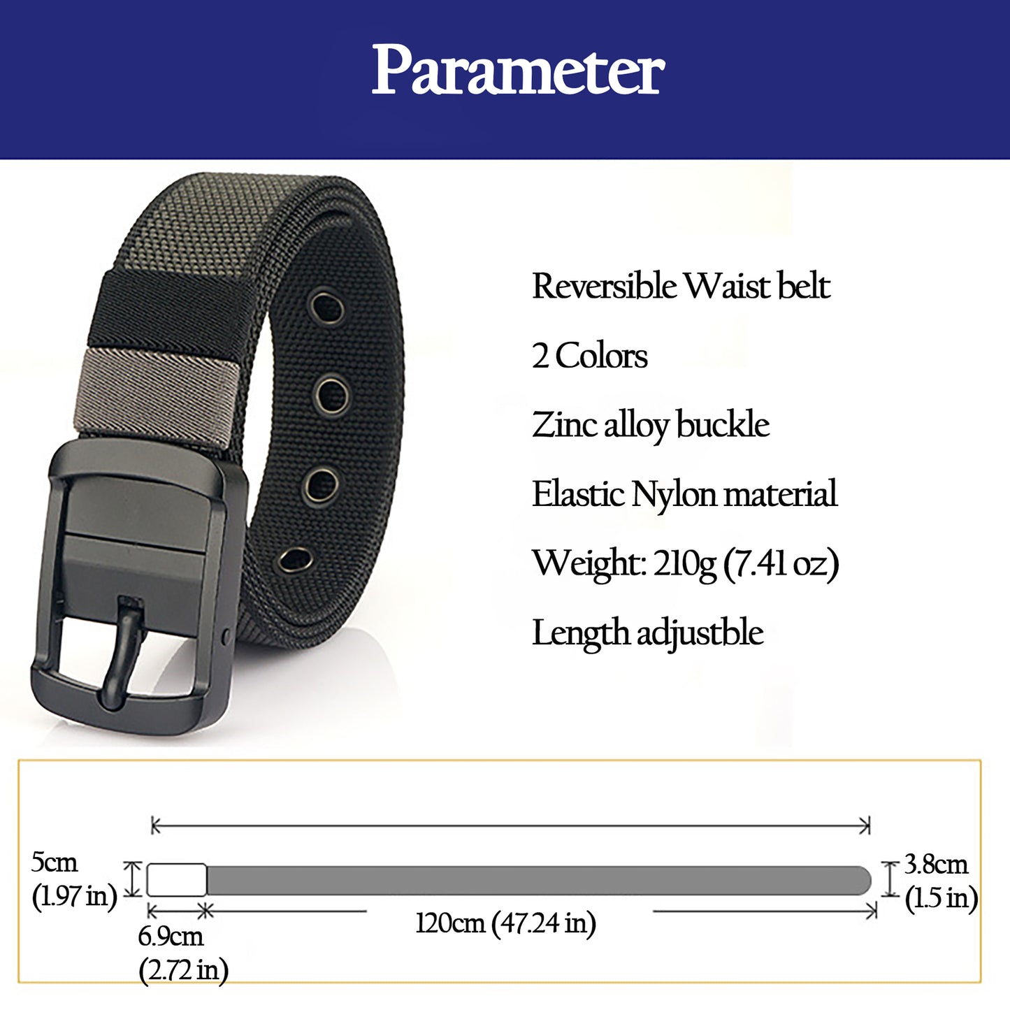 Reversible 2-Color Nylon Waist Belt with Zinc Alloy Buckle