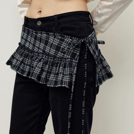 Plaid Ruffle Overlay Skirt Belt with Adjustable Side Ties 55in