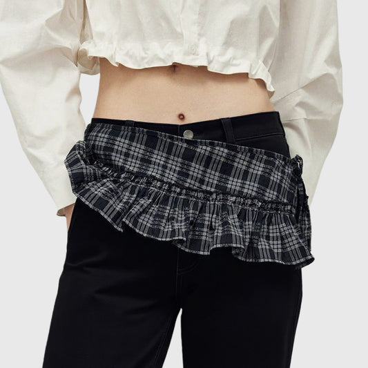 Plaid Ruffle Overlay Skirt Belt with Adjustable Side Ties 55in