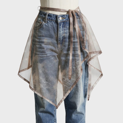 Sheer Organza Overlay Wrap Skirt with Asymmetrical Hem and Tie Waist 17.7x59in