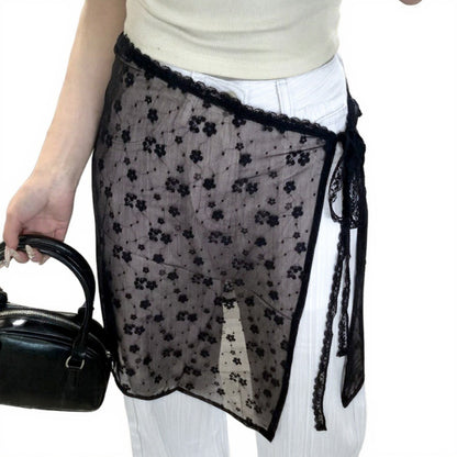 Sheer Floral Lace Wrap Overlay Skirt with Side Tie Detail 55in