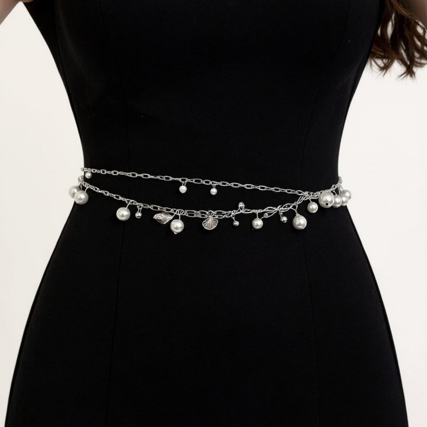 Layered Chain Belt with Pearl Charms and Metal Leaf Details