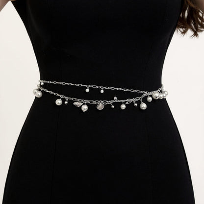Layered Chain Belt with Pearl Charms and Metal Leaf Details