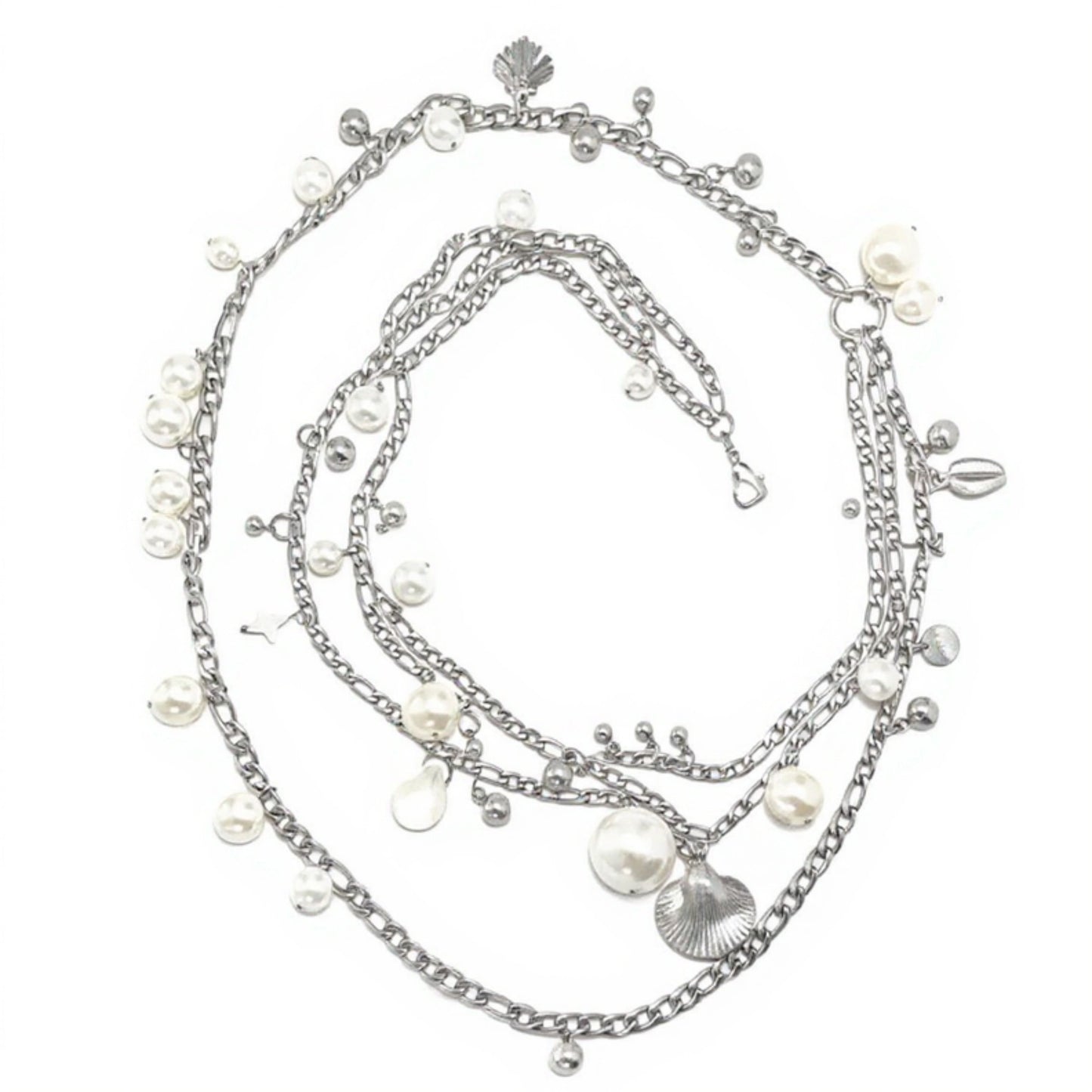 Layered Chain Belt with Pearl Charms and Metal Leaf Details