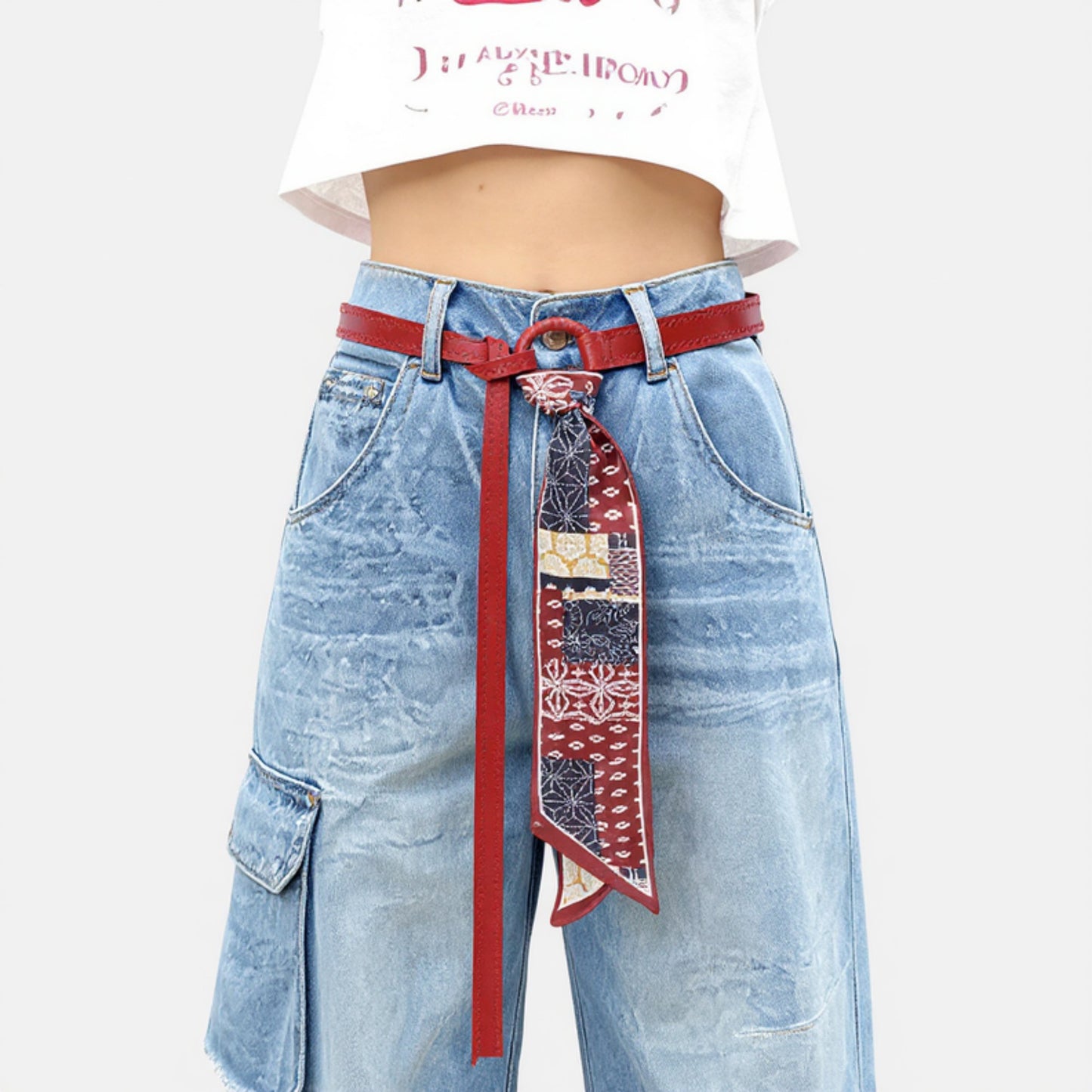 Faux Leather Belt with Patterned Scarf Tie and Metal Loop Detail 53x0.8in