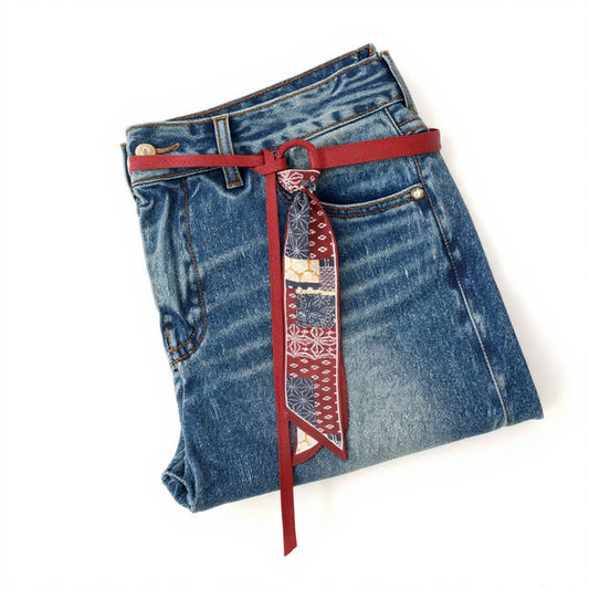 Faux Leather Belt with Patterned Scarf Tie and Metal Loop Detail 53x0.8in