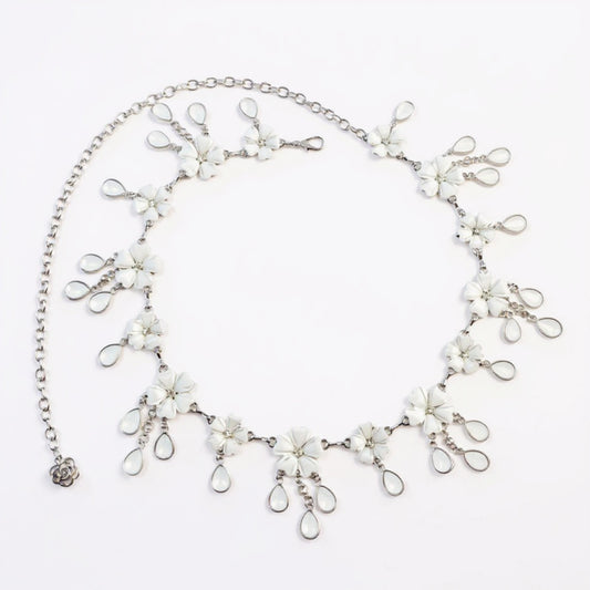 Floral Chain Belt with Teardrop Gem Charms and Metal Link Design 47in