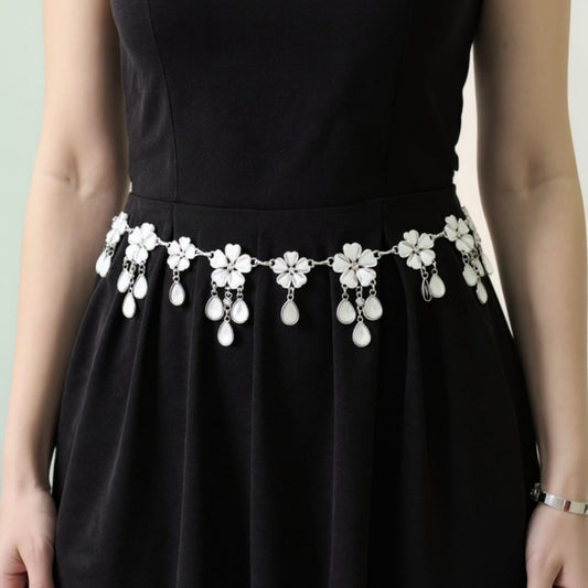 Floral Chain Belt with Teardrop Gem Charms and Metal Link Design 47in
