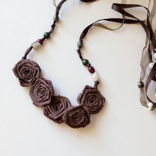 Fabric Flower Waist Belt with Beaded Tassel Ties and Adjustable Wrap Design 51in