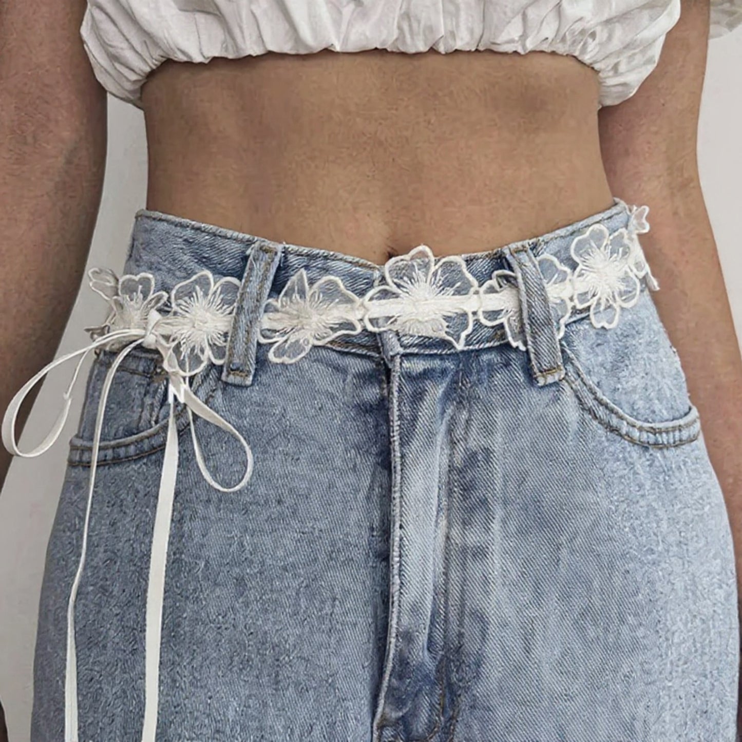 Floral Lace Belt with Ribbon Tie and Delicate Sheer Embroidered Detailing 47in