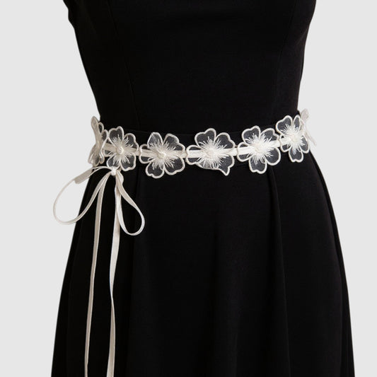 Floral Lace Belt with Ribbon Tie and Delicate Sheer Embroidered Detailing 47in