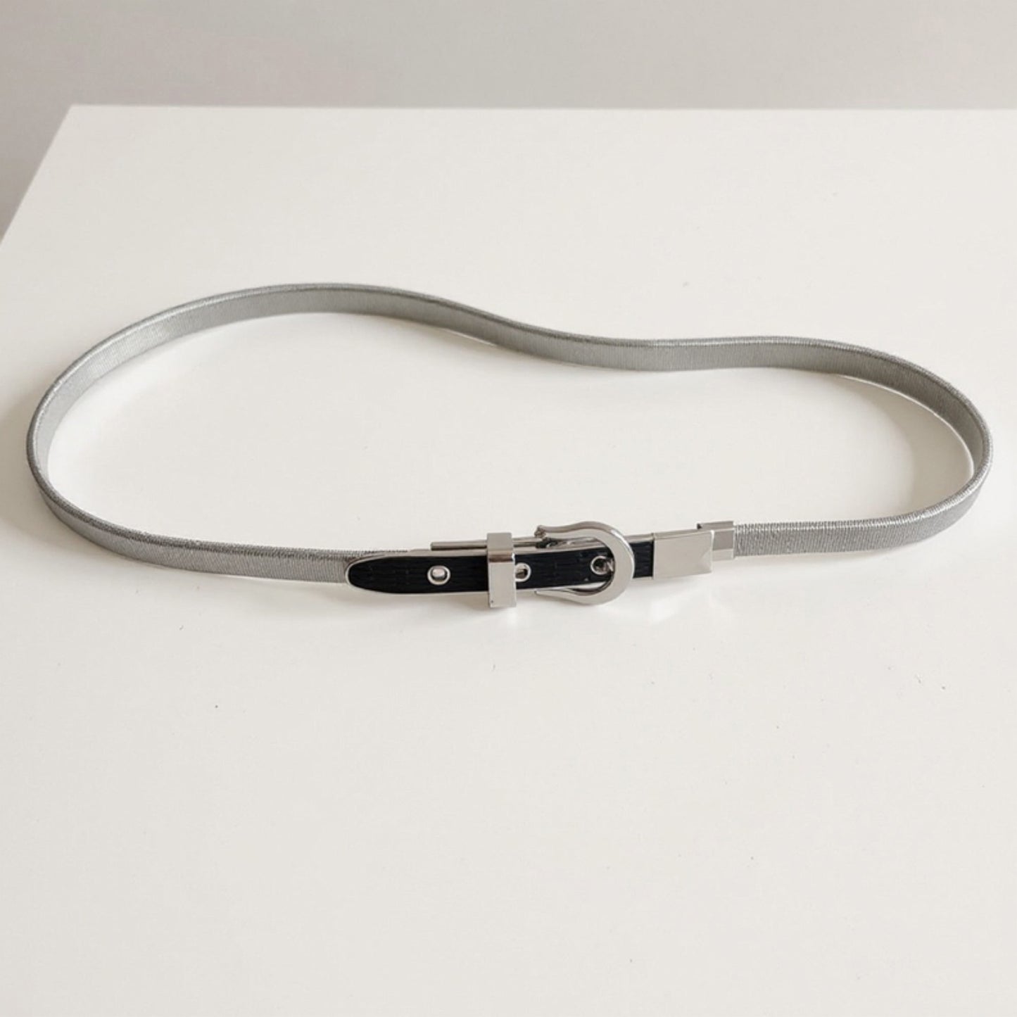 Slim Metallic Belt with Adjustable Buckle and Faux Leather Accents 39.5x0.3in