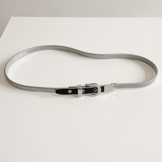Slim Metallic Belt with Adjustable Buckle and Faux Leather Accents 39.5x0.3in