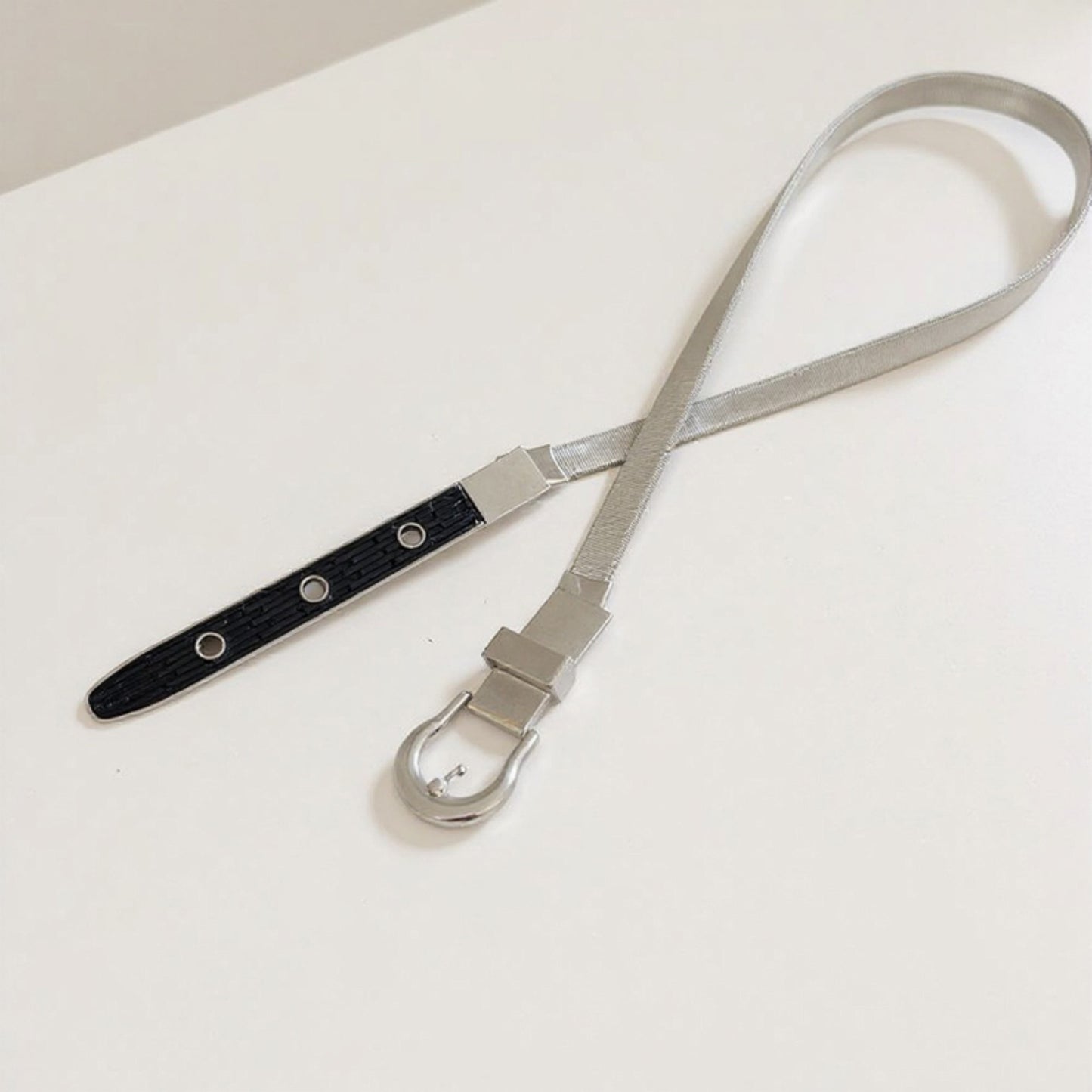 Slim Metallic Belt with Adjustable Buckle and Faux Leather Accents 39.5x0.3in