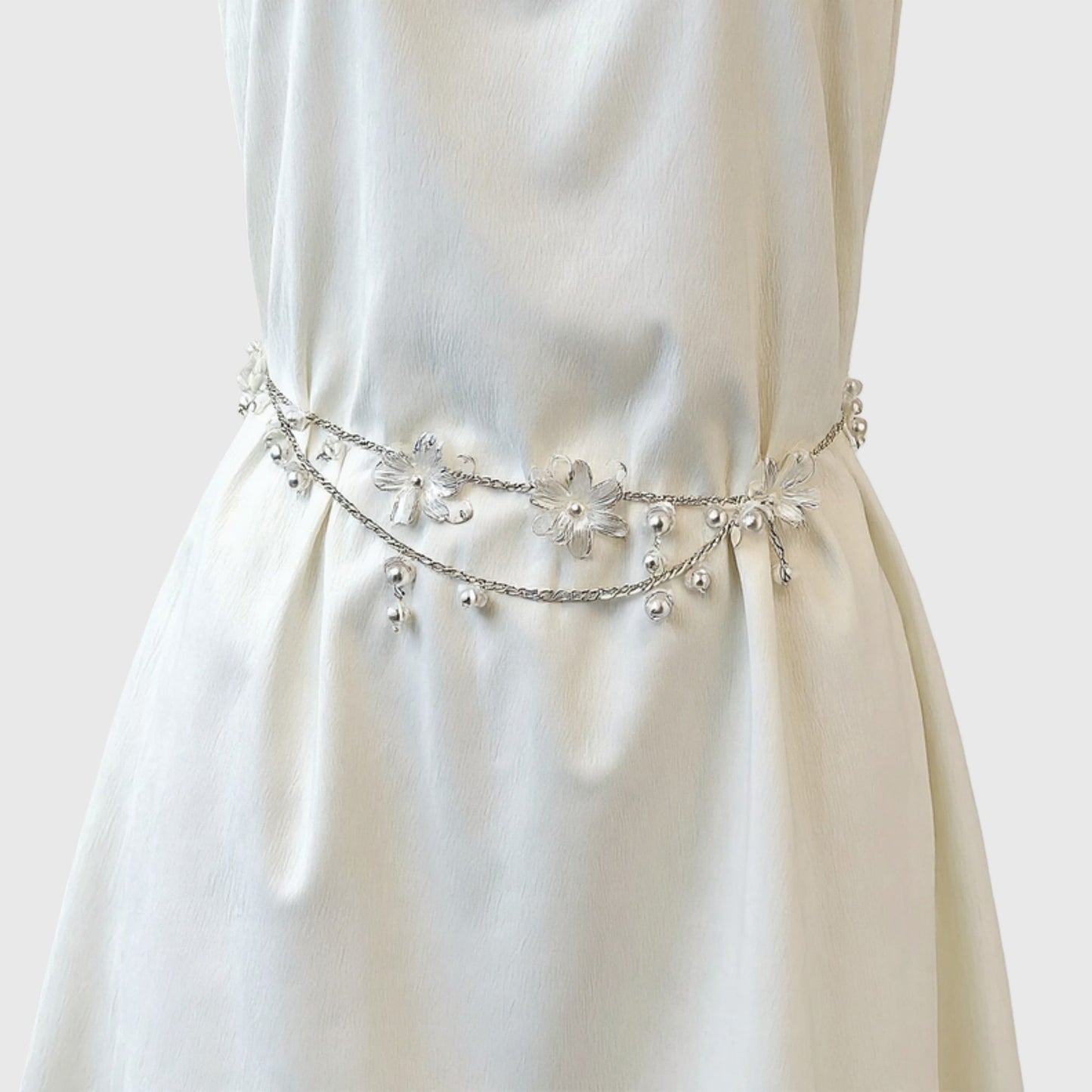 Floral Metal Chain Belt with Faux Pearl Drop Details and Adjustable Fit 45.5in