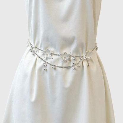 Floral Metal Chain Belt with Faux Pearl Drop Details and Adjustable Fit 45.5in