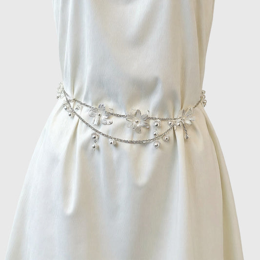 Floral Metal Chain Belt with Faux Pearl Drop Details and Adjustable Fit 45.5in