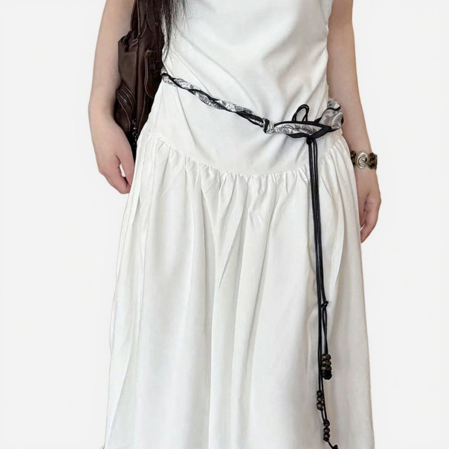 Slim Rope Belt with Wood Bead Tassel Ends and Adjustable Knot Design 51in