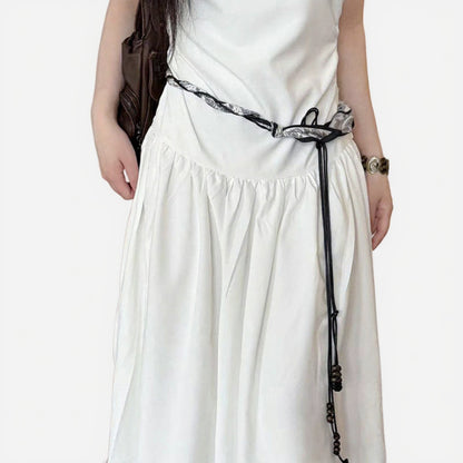 Slim Rope Belt with Wood Bead Tassel Ends and Adjustable Knot Design 51in