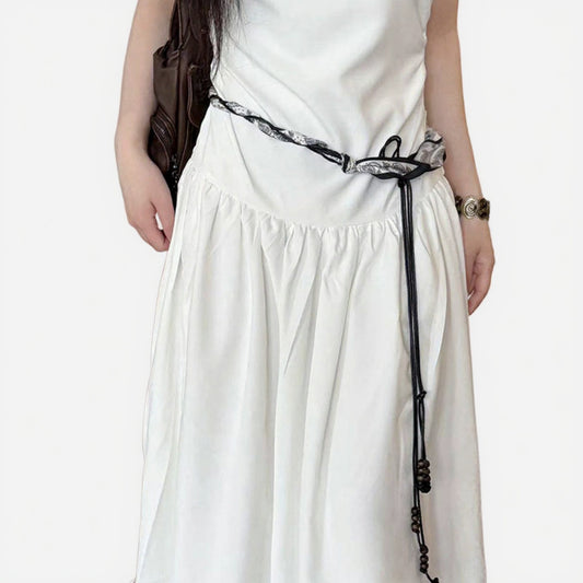 Slim Rope Belt with Wood Bead Tassel Ends and Adjustable Knot Design 51in