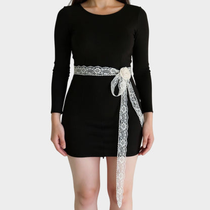 Lace Floral Ribbon Belt with Long Tie and Rosette Accent 71x2.5in