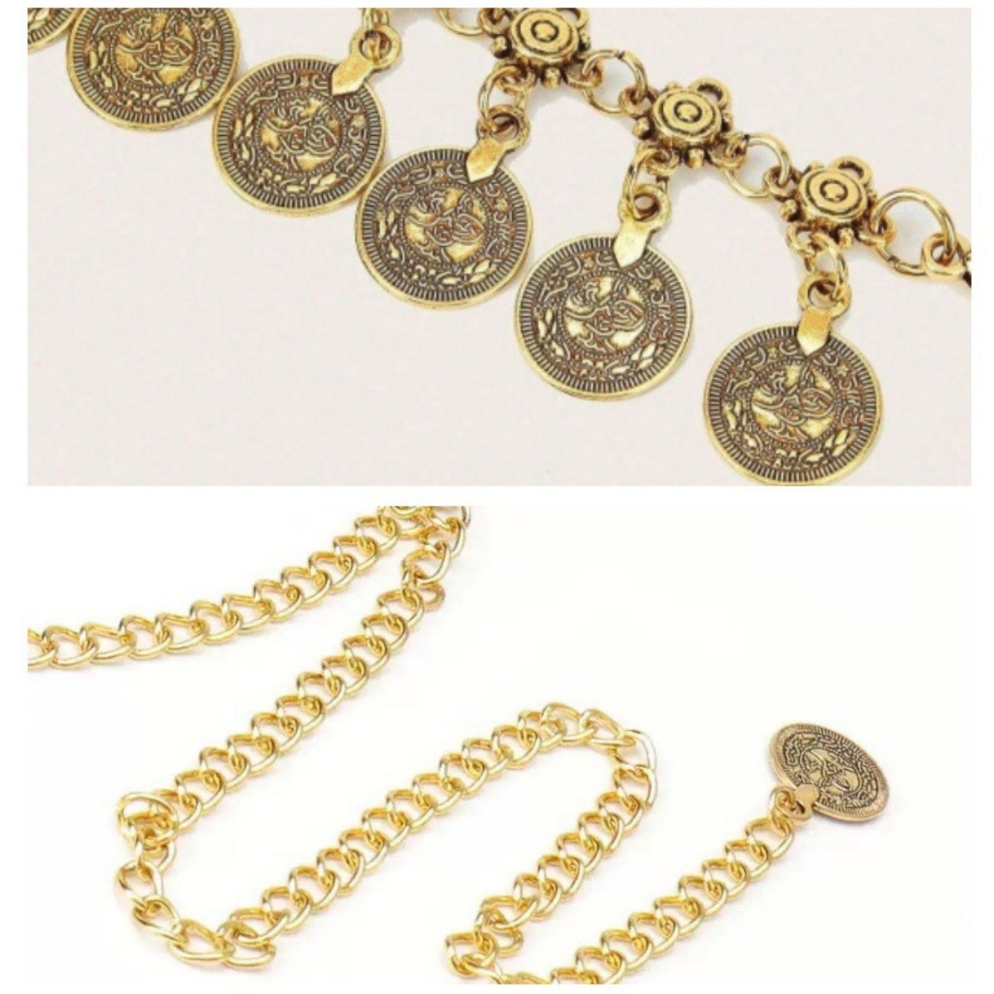 Layered Coin Charm Chain Belt with Adjustable Fit and Textured Detailing 43.5x1.5in