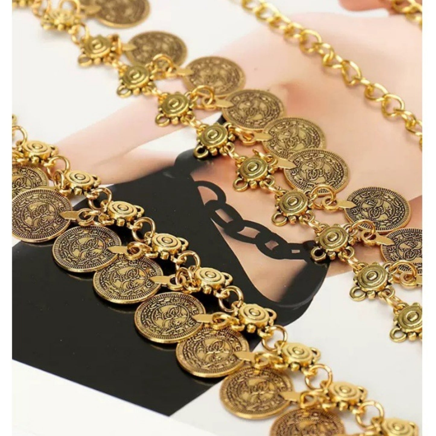 Layered Coin Charm Chain Belt with Adjustable Fit and Textured Detailing 43.5x1.5in