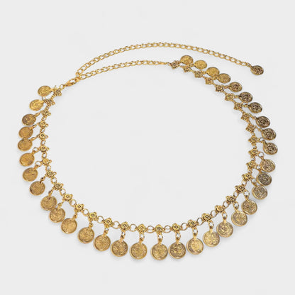 Layered Coin Charm Chain Belt with Adjustable Fit and Textured Detailing 43.5x1.5in