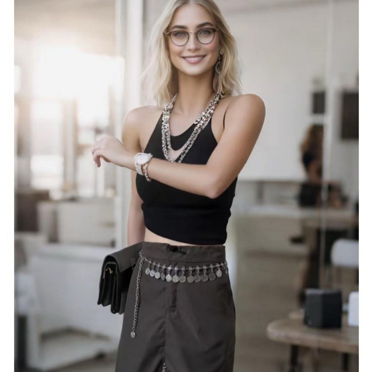 Layered Coin Charm Chain Belt with Adjustable Fit and Textured Detailing 43.5x1.5in