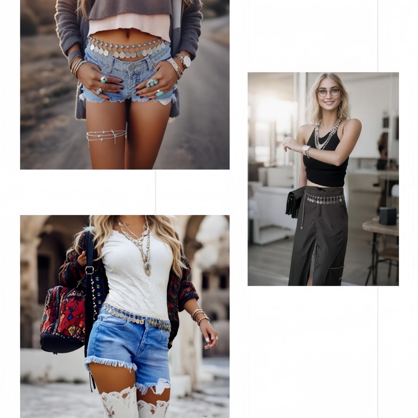 Layered Coin Charm Chain Belt with Adjustable Fit and Textured Detailing 43.5x1.5in