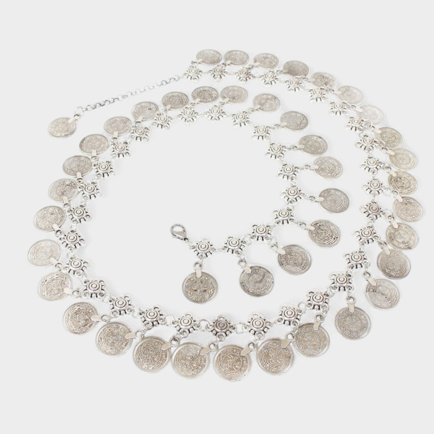 Layered Coin Charm Chain Belt with Adjustable Fit and Textured Detailing 43.5x1.5in