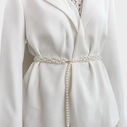 Faux Pearl Beaded Waist Chain Belt with Clustered Design and Adjustable Length 45.5x0.6in