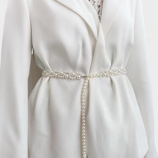 Faux Pearl Beaded Waist Chain Belt with Clustered Design and Adjustable Length 45.5x0.6in