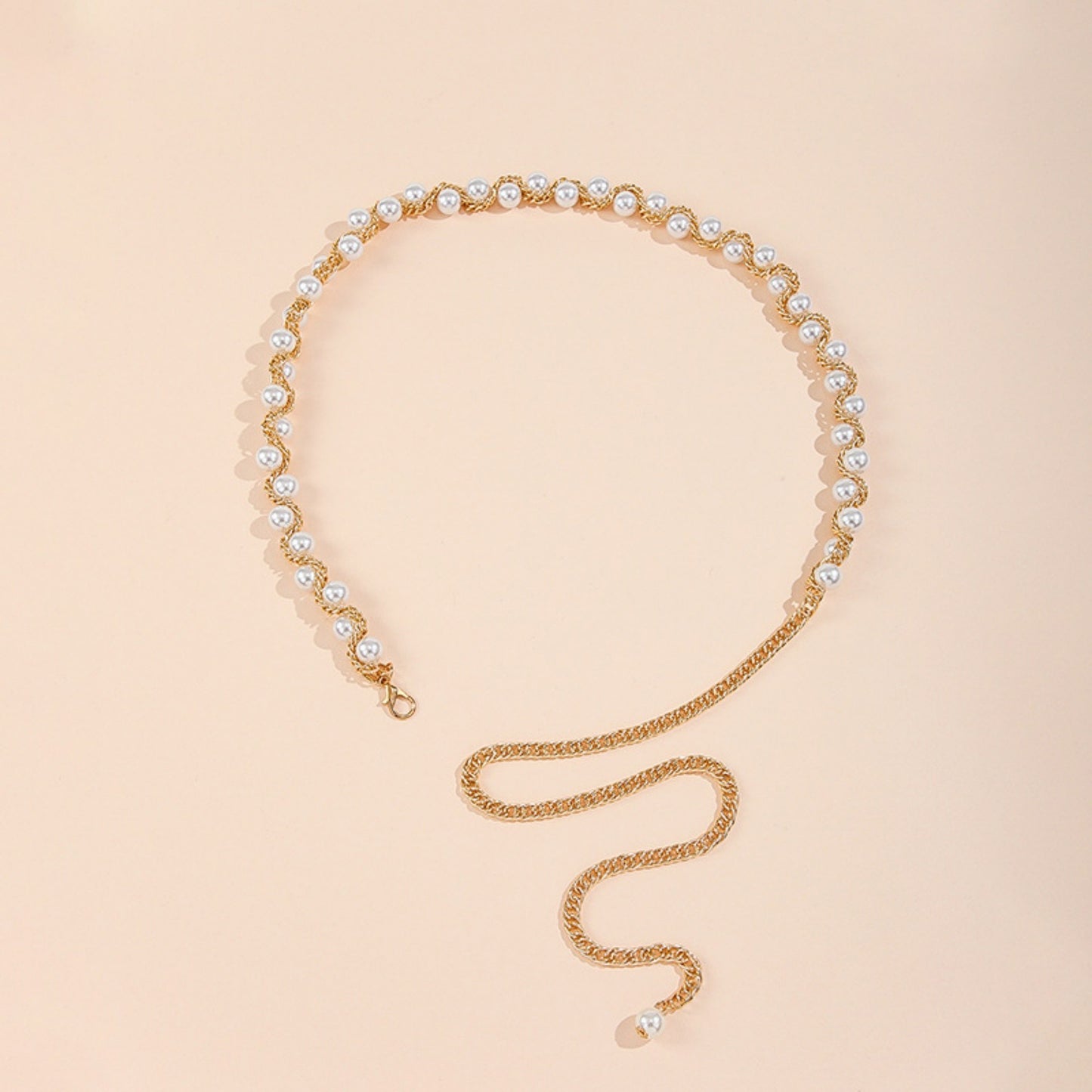 Pearl Beaded Chain Belt with Adjustable Drop Chain and Decorative Accents 43.5x0.6in