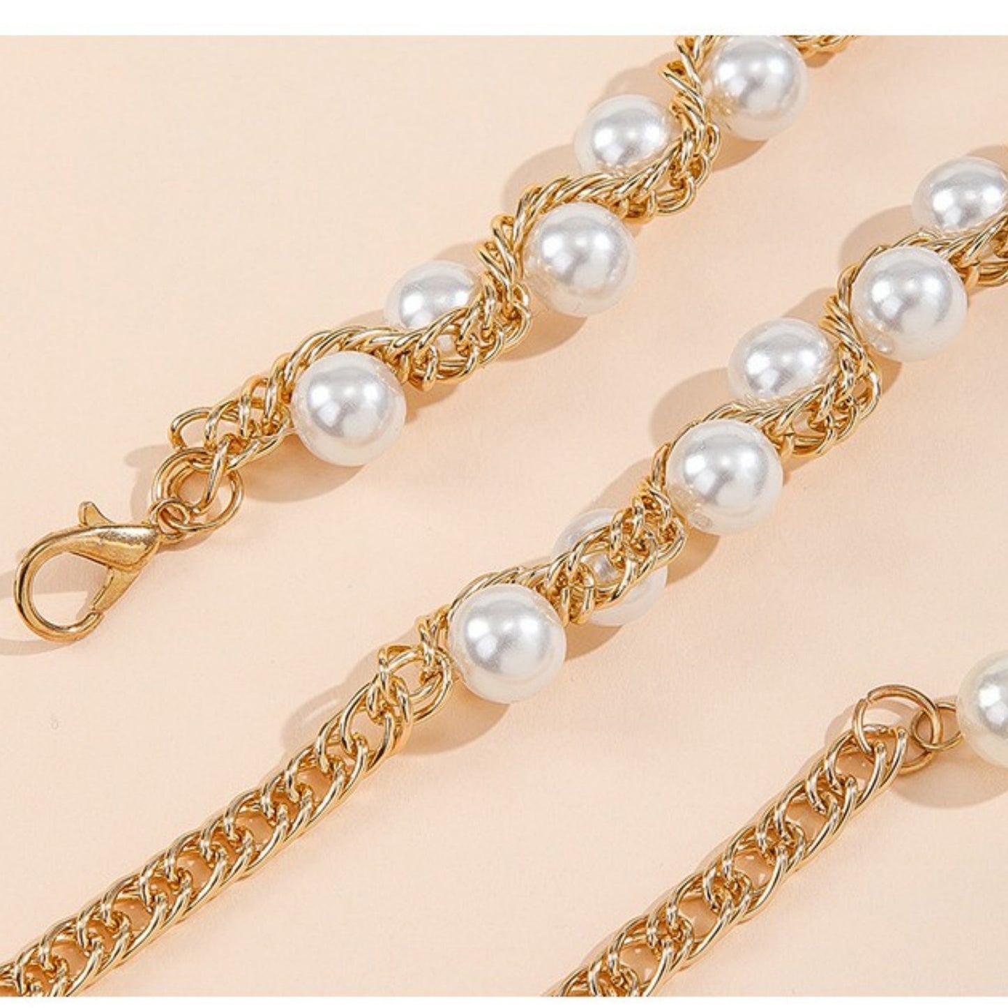 Pearl Beaded Chain Belt with Adjustable Drop Chain and Decorative Accents 43.5x0.6in