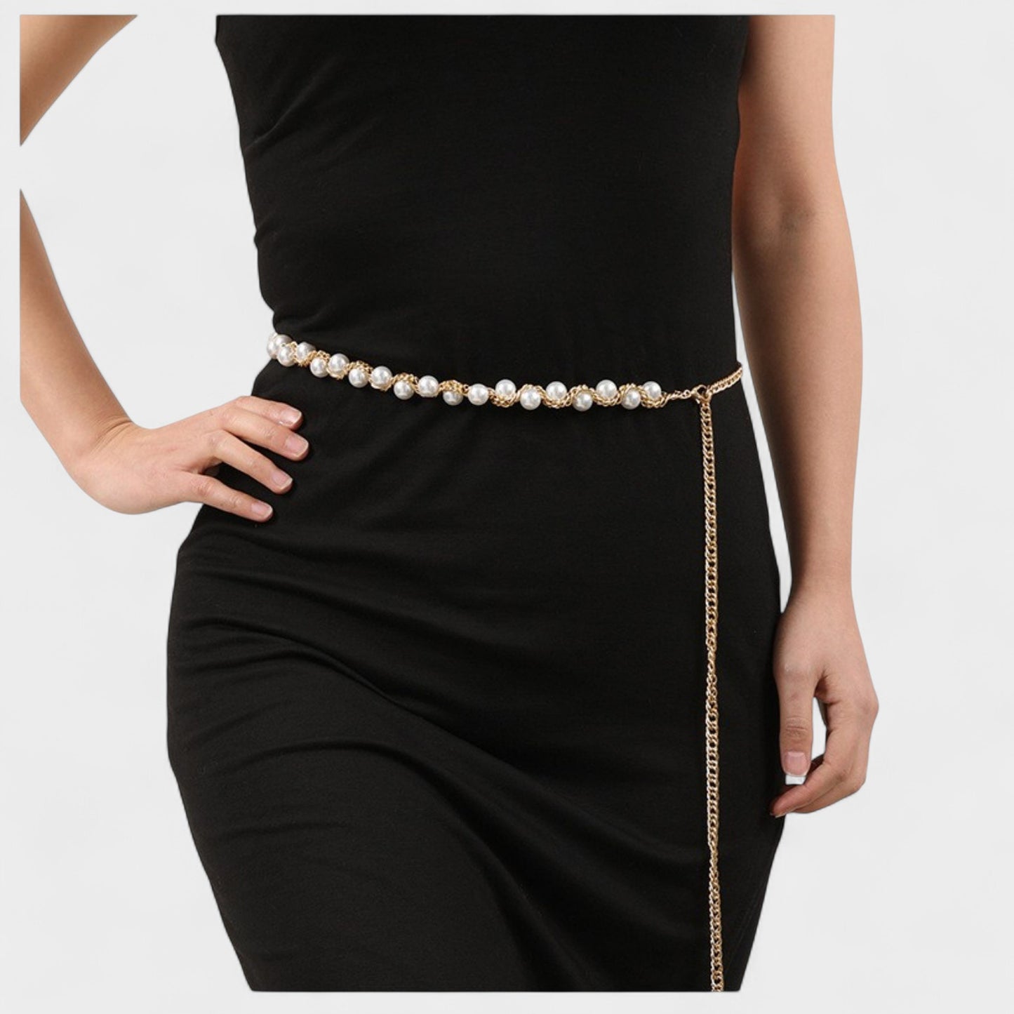 Pearl Beaded Chain Belt with Adjustable Drop Chain and Decorative Accents 43.5x0.6in