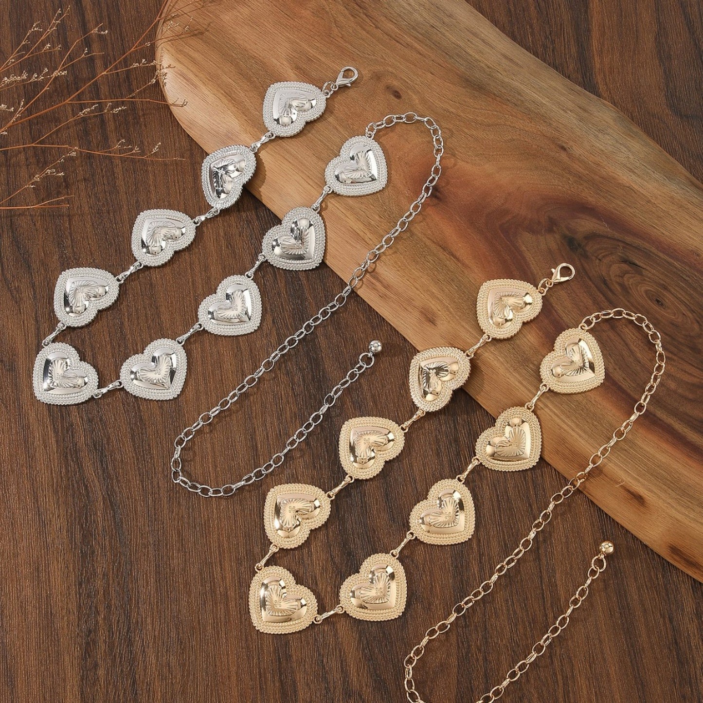 Heart Chain Belt with Textured Linked Design and Adjustable Fit 43.5x1.5in