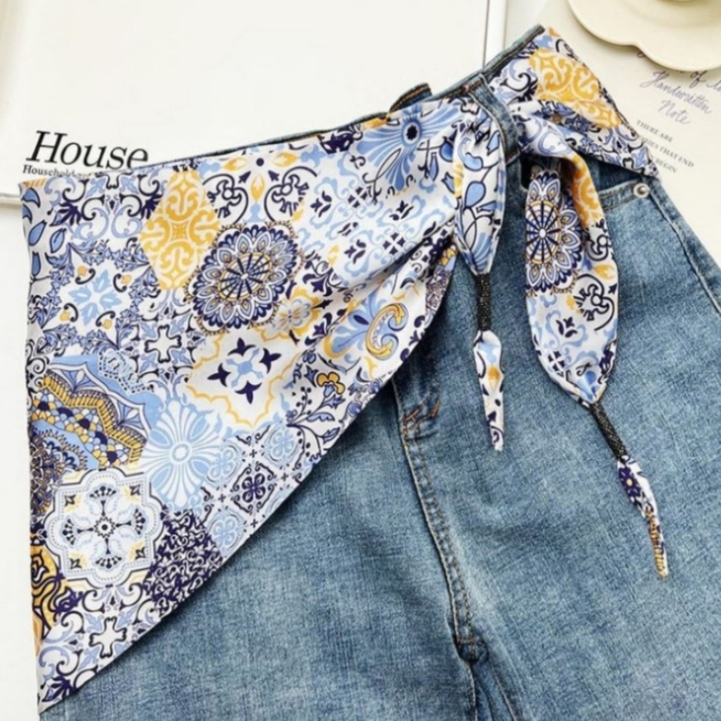Scarf Belt with Intricate Pattern and Side Knot Detail 45.5x12.5in
