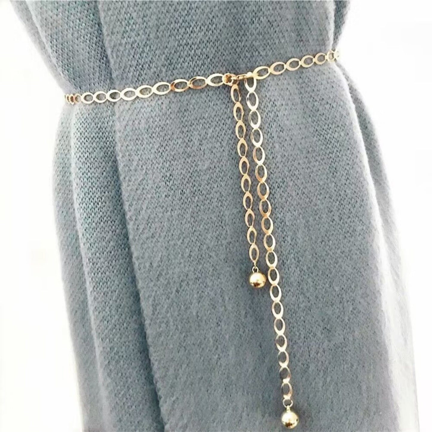 Chain Belt with Oval Link Design and Hanging Ball Accents 49x0.4in