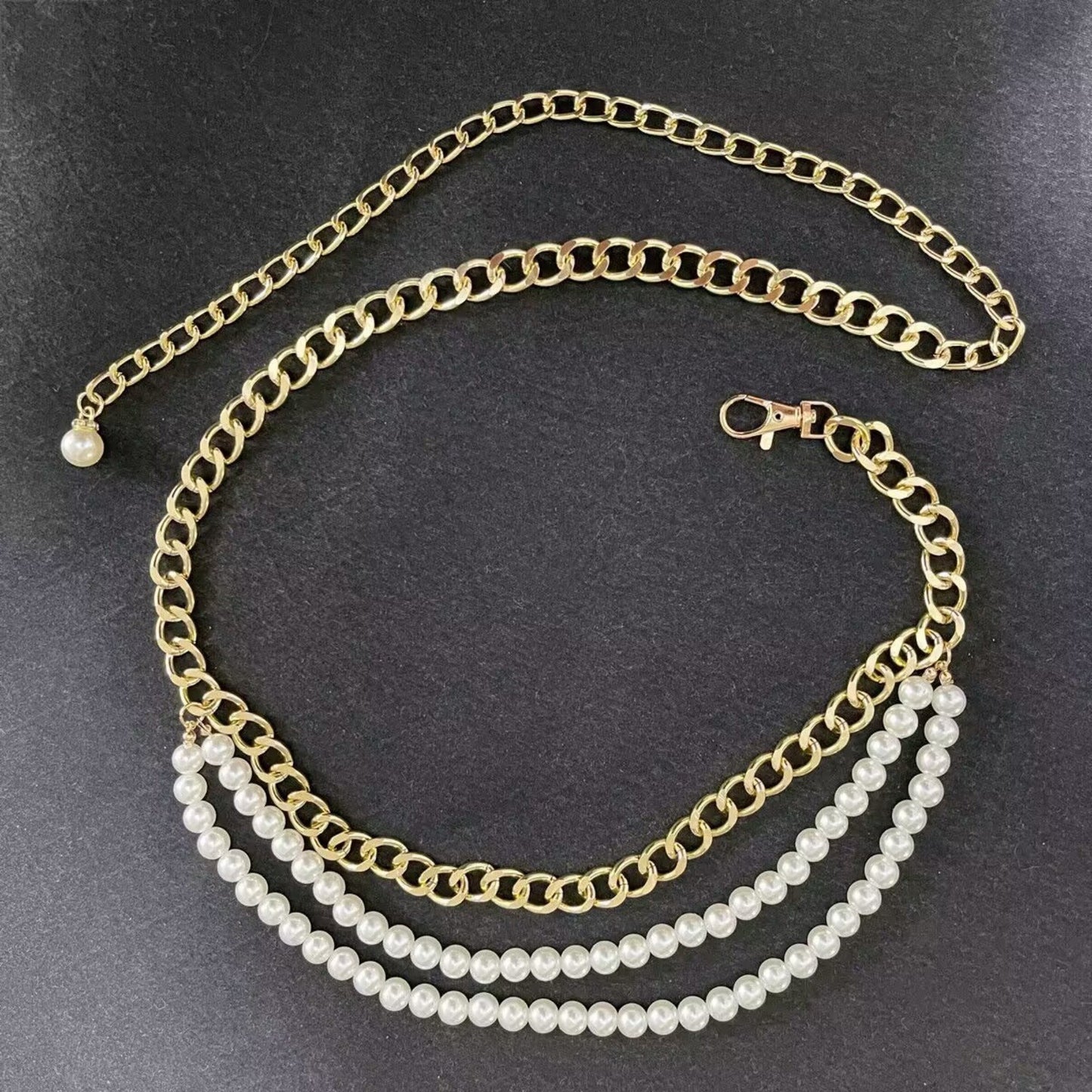 Gold Chain Belt with Double Pearl Strand Layered Design 41.5x0.4in