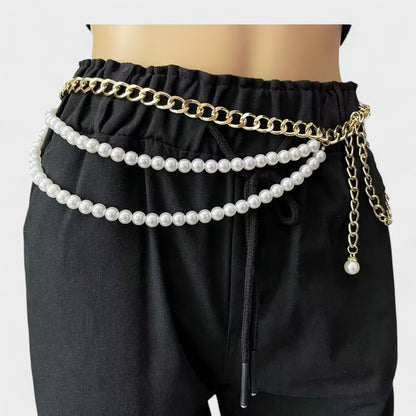 Gold Chain Belt with Double Pearl Strand Layered Design 41.5x0.4in