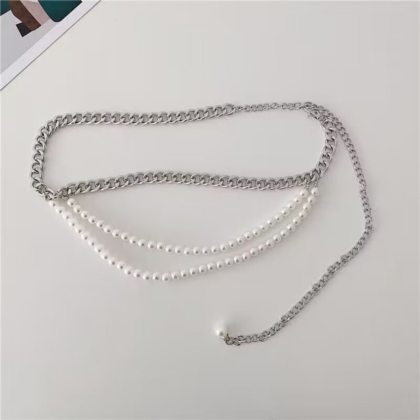 Gold Chain Belt with Double Pearl Strand Layered Design 41.5x0.4in